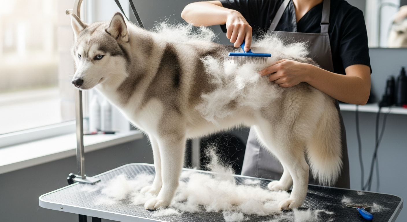 Siberian Husky during spring coat blow being brushed